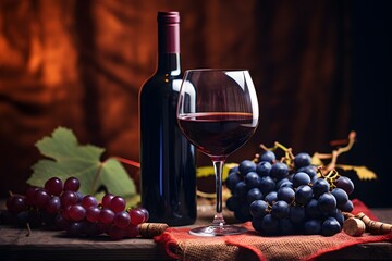 Wineglass with grape on wooden table - 694822795