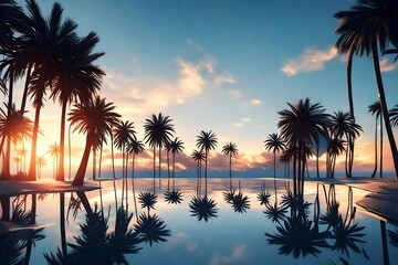 View of silhouette palm trees against blue sky during sunset 3D rendering  - Powered by Adobe