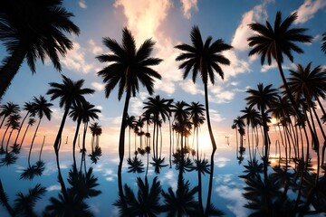 Fototapeta na wymiar View of silhouette palm trees against blue sky during sunset 3D rendering 