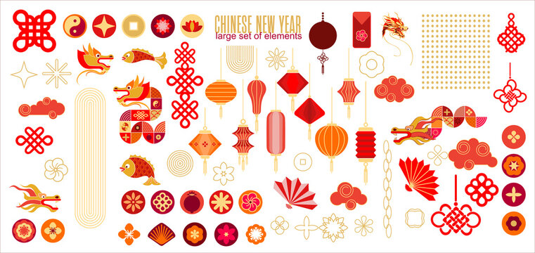 Chinese New Year - set of isolated simple, flat graphic elements in Asian style on the theme of Chinese New Year. Cute digital illustration ideal for printing, branding, social media, scrapbooking