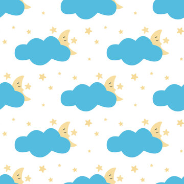 Moon sleeps in clouds and stars seamless pattern. Cute heavenly character background. Cozy print for baby textiles, packaging, kid room, vector illustration © Татьяна Клименкова
