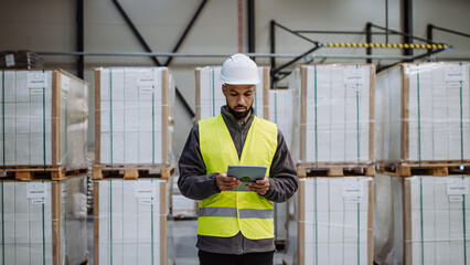 Warehouseman with tablet checking delivery, stock in warehouse. Warehouse manager using warehouse management software, app.