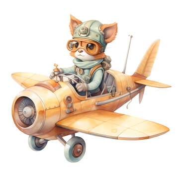 Cute Funny Fox Vintage Plane Clipart Illustration