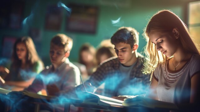 Students reading books in class, blackboard blur background, copy space - generative ai