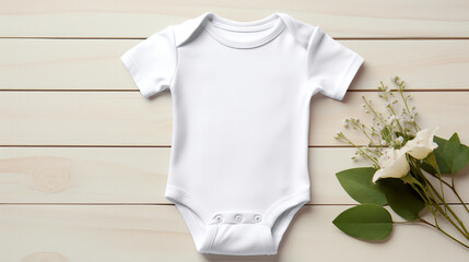 a flat mockup of a white infant bodysuit, on cream colored wooden background, simple pastel baby decor