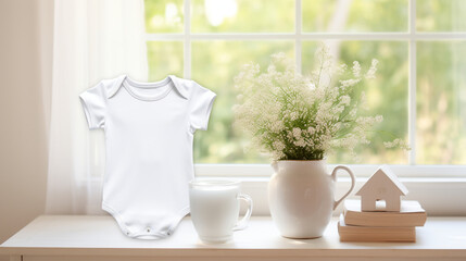 Baby wearing white shirt bodysuit mockup, The background is the window of the room