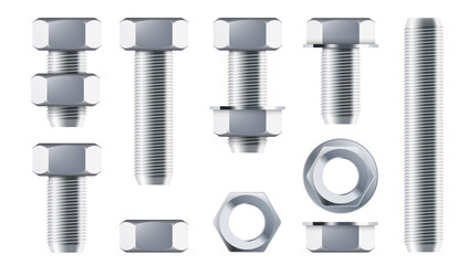 Hex Bolt With And Without Nut Set Isolated On White Background - obrazy, fototapety, plakaty