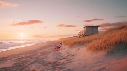 A red chair sitting on the beach next to a lifeguard tower, AI