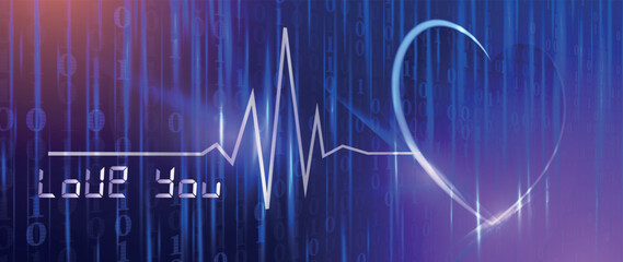 3d digital background of binary code in a futuristic style with a heart for greeting cards, posters, or backgrounds. Happy Valentine's Day!  Vector illustration.
