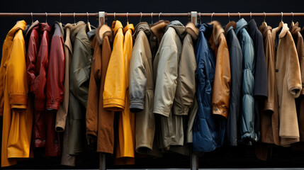 Array of coats on a rack, reflecting the compassionate efforts of volunteers organizing a clothing drive, a variety of sizes and colors available - obrazy, fototapety, plakaty