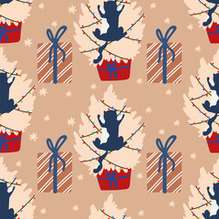Funny Christmas cat. Seamless pattern of cute cats with garland, Christmas tree, gift box. Design suitable for textile, packing paper, card, greeting, banner, cover