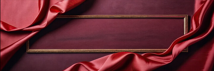 empty frame on burgundy wall with fluttering silk red fabric