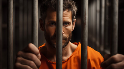 A Young Man In Prison Behind Metal Bars 