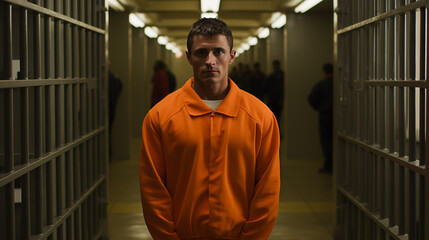 A Prisoner Wearing Orange Suit Stands In The Prison Corridor 