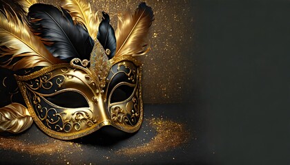 Złoto-czarne karnawałowe tło z maską i piórami - obrazy, fototapety, plakaty