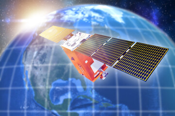 Communications satellite in space. Planet earth. Communication satellite. Space technologies. Exploring universe. Satellite for internet communications. 3d image planet earth, elements from nasa