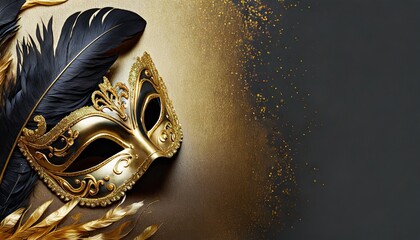 Gold and black carnival background with mask and feathers