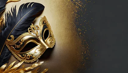 Foto op Canvas Gold and black carnival background with mask and feathers © Monika