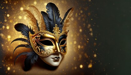 Fototapety  Złoto-czarne karnawałowe tło z maską i piórami