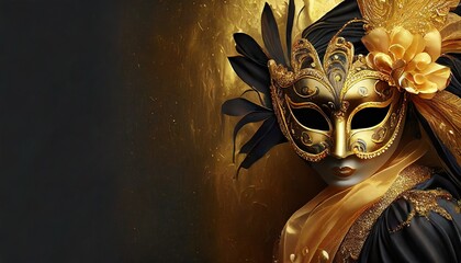 Złoto-czarne karnawałowe tło z maską i piórami - obrazy, fototapety, plakaty
