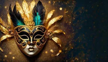  Gold and black carnival background with mask and feathers © Monika