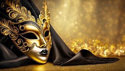 Złota maska karnawałowa na czarno-złotym tle - obrazy, fototapety, plakaty
