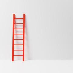 Staircase stands leaning against wall. Red ladder for molar. Bright steps near wall. Ladder as metaphor for personal development. Motivational background. Ladder for personal growth. 3d image