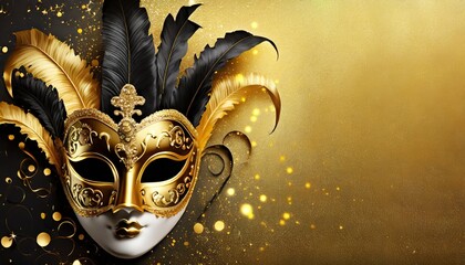 Fototapety  Złoto-czarne karnawałowe tło z maską i piórami