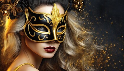 Kobieta w złoto-czarnej masce karnawałowej na czarno-złotym tle. Motyw balu maskowego, zabawy...