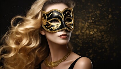 Kobieta w złoto-czarnej masce karnawałowej na czarno-złotym tle. Motyw balu maskowego, zabawy karnawałowej
