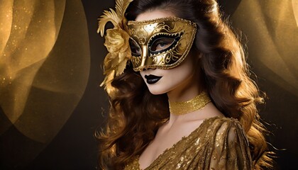 Kobieta w złoto-czarnej masce karnawałowej na czarno-złotym tle. Motyw balu maskowego, zabawy karnawałowej