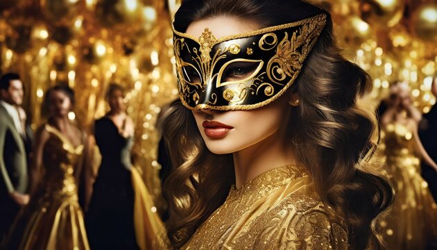 Woman in a gold and black carnival mask on a black and gold background. Theme of a masquerade ball, carnival party