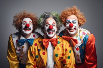 A trio of joyful clowns in circus costumes celebrating a party with balloons, gifts, and playful emotions.