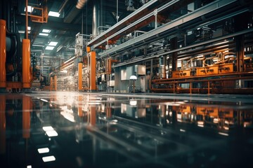 Industrial factory interior with modern machinery, equipment, conveyors, and steel structures. - obrazy, fototapety, plakaty