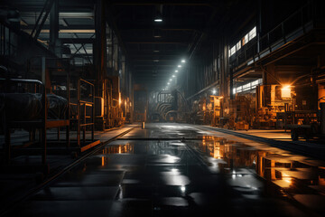 Abandoned industrial interior with rusty metal, old equipment, and dark atmospheric lighting.