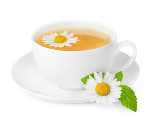 mug with tea and chamomile flowers. on white isolated background, front view