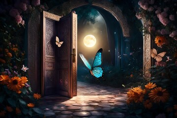 A moonlit depiction of a butterfly gracefully landing on an ornate door, surrounded by a serene garden with exotic flowers, the scene bathed in a soft lunar glow 