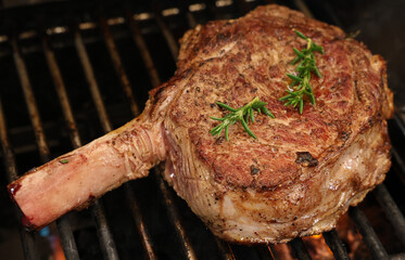A single rib-eye steak on the bone with rosemary herb garnish cooking on the bbq or barbecue grill....