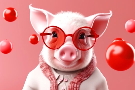 Cute cartoon anthropomorphic pig wears a pink sweater and glasses, pink background