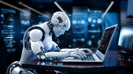 White AI Robot Working On A Laptop 