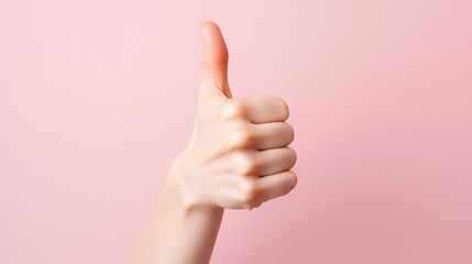 Female hand showing thumbs up sign on pink background