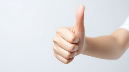 Close-up of female hand showing thumbs up sign on white background