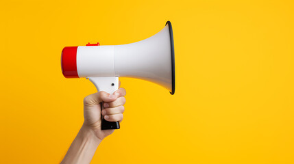 Hand holding a megaphone on a yellow background with copy space - obrazy, fototapety, plakaty