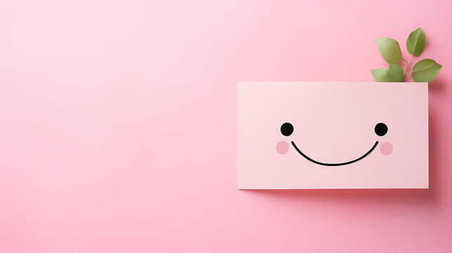 Happy smiley face on sticky note with green leaf on pink background