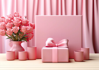 Pink gift boxes, bouquet of tulips and candles - holiday greeting card