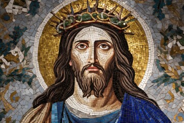 A mosaic of Jesus Christ with a crown of thorns, featuring vibrant tiles and intricate design.