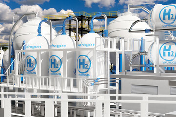 Hydrogen factory. Plant with tanks filled with H2 gas. Exterior hydrogen factory in sunny day. Manufactory for production eco-fuel. Hydrogen fuel energy. Factory with pipes and mezzanine. 3d image - obrazy, fototapety, plakaty