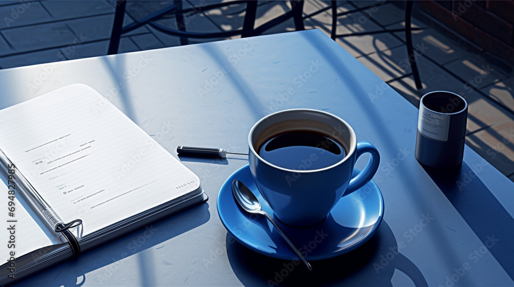 Wall mural notepad on a blue table with pen before meeting blue tea cup blue monday