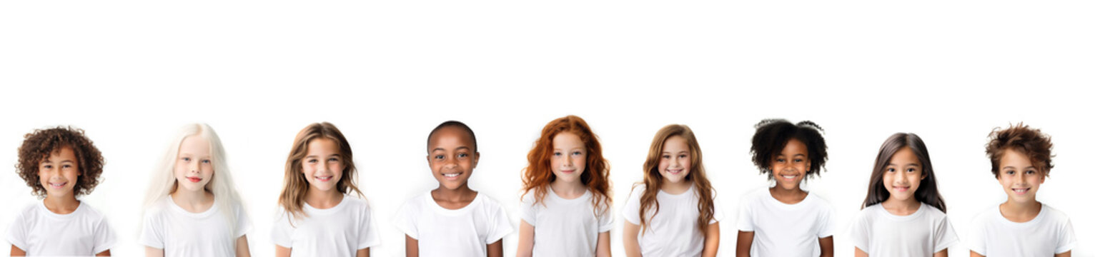 portraits of 9 happy girls on a white background, with space for text above them. joyful children 10 years old, of different nationalities and races in white T-shirts in the studio.