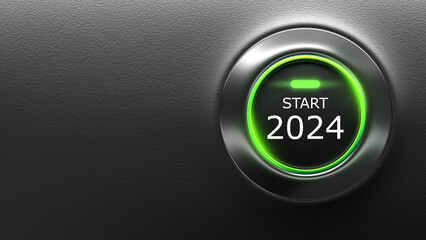 Start 2024. Round button to start new year. Inscription 2024 on panel with neon lighting. Start of new year. 2024 button to move to future. Background for business presentation. 3d image